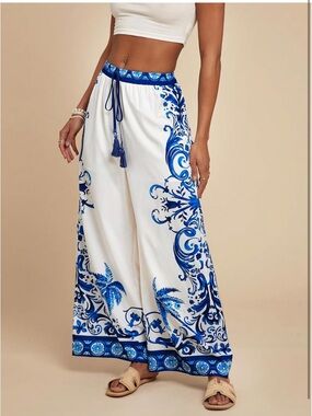 White & Blue Printed Wide-Leg Pants with Drawstring Waist- XS